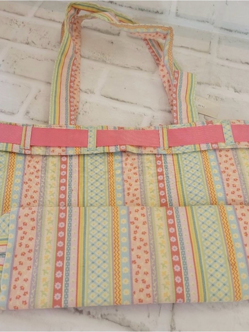 Longaberger Pastel Stripe Tote with Pink Bow Accent - Picture 2 of 9
